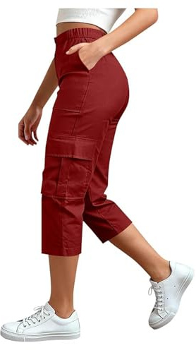 Pantalon Cargo Femme 3/4 Pantacourt de Sport Été Léger avec Poches Latérales Taille Élastique Bouton Pantalon Décontracté pour Randonnée Travail Chasse
