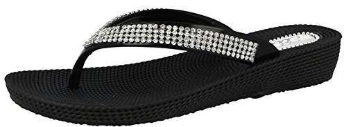 ella Ladies S1 Diamante Toe Post Flat Low Wedge Jelly Flip Flop Summer Sandals Size 3-8 (UK 5, Black)