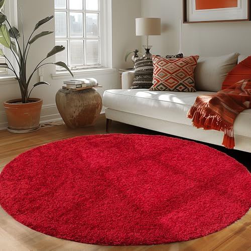 Runder Teppich Wohnzimmer Hochflor Einfarbiges Design Langflor Shaggy Modern Flauschig, Farbe: Rot, Größe: 80 cm Rund