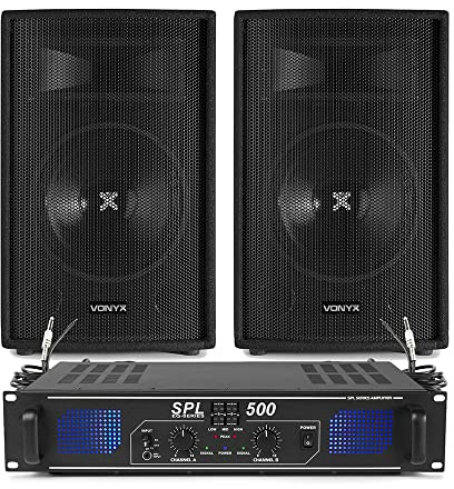 Vonyx SL10 DJ PA System with Two 10 Inch Passive Speakers, Skytec SPL500 Stereo Amplifier & Speaker Cables - Complete 500W Home Disco Audio Setup for Bedroom DJs & Parties