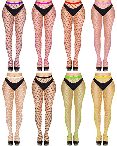 Yahenda 8 Pairs Fishnet Stockings for Women Neon High Waist Tights Fishnet Thigh Mesh Pantyhose for Halloween Cosplay Costume(Large Net)