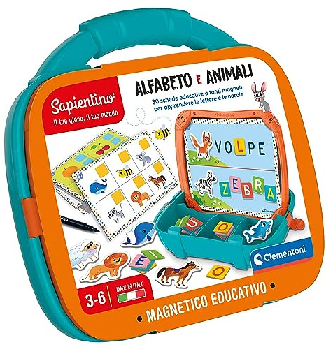 Clementoni Sapientino - Valigetta Magnetica Alfabeto e Animali, Gioco Educativo per Bambini 3-6 Anni, con Lavagna e 30 Schede per Apprendere Lettere e Parole, Made in Italy, Lingua Italiana, 16714