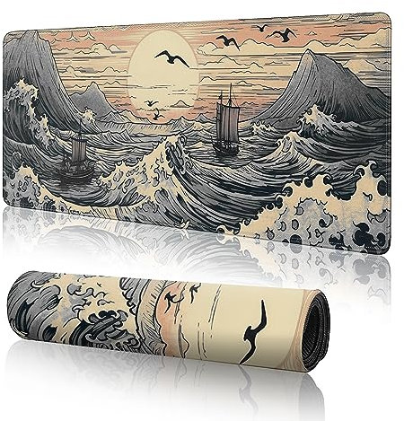 Großes Gaming-Mauspad mit japanischen Meereswellen, XL-Mauspad, Schreibtischunterlage, 80 x 30 cm, Anime-Mauspads, erweitertes Tastatur-Pad, mit Rutschfester Unterseite und genähtem Rand