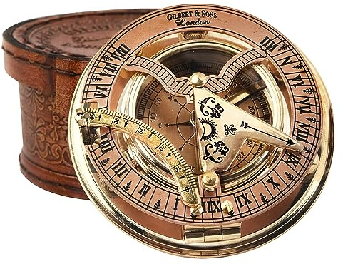 The Maryam Crafts - Antique Brass & Copper Sundial Compass, Sundial Clock in Box Gift Sun Clock Ship Replica Watch
