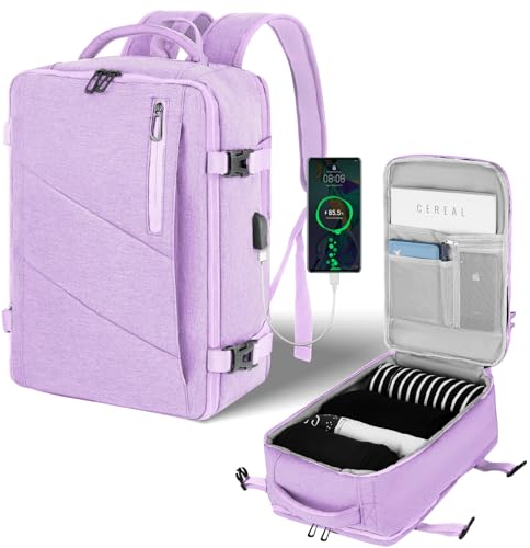 Mochila Viaje Cabina Avion 40x20x25 para Ryanair, Mochila Portatil Mochila Viaje Mujer Morado Mochila Ordenador Bolsa de Viaje con Puerto USB, 20L