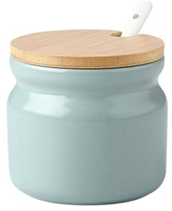 Jarsense Ceramic Sugar Bowl, 300ml Sugar Pot with Wooden Lid and Spoon, Spice Jar for Salt, Sugar, Coffee, Tea, Seasoning Box for Home Kitchen Coffee Bar - Light Green