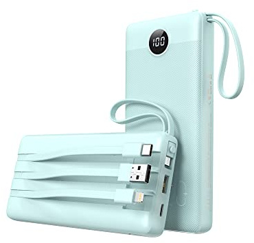 VEEKTOMX Power Bank 20000mAh med Inbyggda kablar, Bärbar laddare USB C 2.4A snabbladdning externt batteri med 5 utgångar 2 ingångar och LED-displa (Blue)