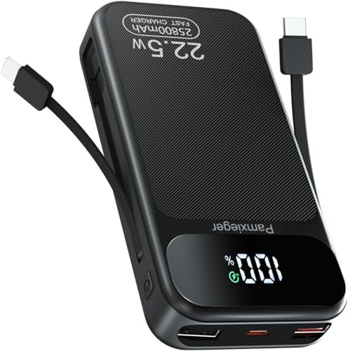 Power Bank 25800mAh Fast Charging Built-in 2 cables, 22.5W Portable Charger, Portable USB C Power bank Battery Pack with LCD Display Powerbank for Smartphones Tablets and More