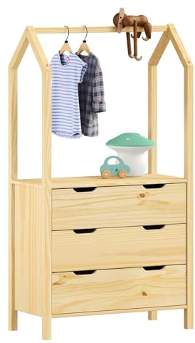 IDIMEX Kinderzimmer Kommode Amira mit Kleiderstange in Hausform - Natur, 3 Schubladen, integrierte Kleiderstange, Stauraum für Kleidung, Spielzeug, Bücher, Kiefernholz