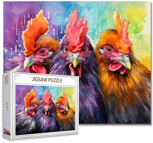 Tucocoo 1000-piece Puzzle for Adults, Watercolor Chickens, Painting Puzzle, Funny Farm Animals, 1000 Pieces Puzzles for Game Nights, Roosters, Colorful Art, Wall Decoration, Craft Puzzle, Gifts