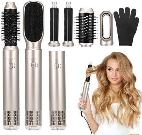 6 in 1 Haartrockner Warmluftbürste Set, Air Styler mit 6 Aufsätze zum Trocknen, Glätten, Volumen und Stylen, Ionen Pflege, 1200W Curler Richtkamm Lockenstab für Salon Hairstyling
