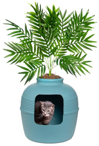 Good Pet Stuff Täckt kattlåda med konstväxt, dekorativ rund blomkruka, ventilerat filter med aktivt kol för luktkontroll, lätt att rengöra, tillverkad i USA, grundläggande kit, blå