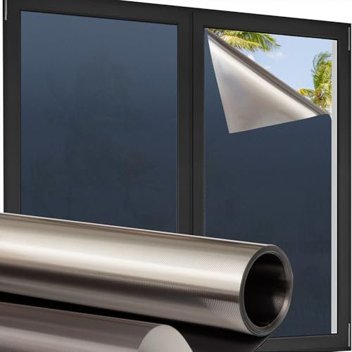 dktie Blickdichte Blickdichte Fensterfolie Sichtschutzstreifen Wärmereflektierende Fensterfolie Anti-UV Sonnenschutz Wärmedämmung, Sichtschutz, Blendschutz, Streifen & Schwarz Silber, 44,5x200cm