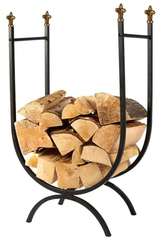 Curved Log Basket Recycled Cast Iron Log Store Wood Basket Log Rack with Brass Fleur De Lys Finial Decorations Vintage Style Footed Kindling Storage for Log Burners, Fireplaces & Stoves