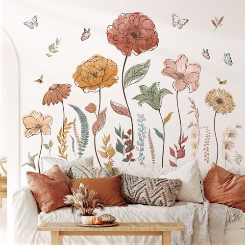 DECOWALL SG2-2420 Boho Floral Vinilos Decorativos de Pared Flores Silvestres Hierba Dormitorio Decoración del Hogar Arte Coloridas Plantas Rosadas Extraíbles Vivero Hogar DIY de Hojas Jardín
