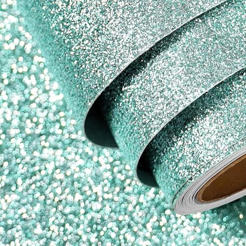 FunStick 40CM×6M Glitter Decorative Wallpaper Self Adhesive Teal Glitter Wallpaper Roll for Walls Christmas Crafts Waterproof Lake Blue Vinyl Wrap for Bedroom Furniture Shelves Cupboards DIY Decor