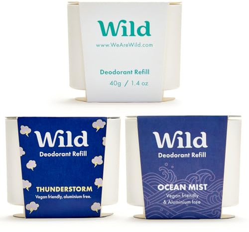 Wild - Natürliches nachfüllbares Deo - Aluminiumsalzfrei - Nachfüll-Sortenpaket enthält Fresh Cotton & Sea Salt, Ocean Mist und Thunderstorm Düfte - Lang anhaltender Schutz