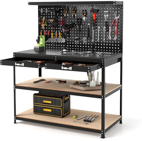 GYMAX Werkbank mit Lochwand, Arbeitstisch mit 24 Werkzeughaken, 2 Schubladen & offenen Regalen, Werkzeugbank bis zu 230 kg belastbar, robuste Werktisch für Garage, Werkstatt & Zuhause (Schwarz)