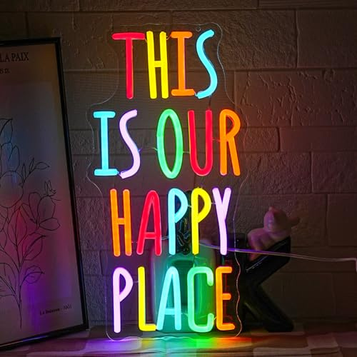 LMSIGNLY This is Our Happy Place Neon Sign for Wall Decor Colorful Letter Neon Light Cheerful LED Neon Signs with USB for Gym Classroom Bedroom Children's Playground Bar