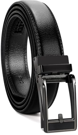 LEACOOLKEY Cintura Elegante Uomo in Pelle Regolabile Cintura a Cricchetto Nero per Abiti e Casual