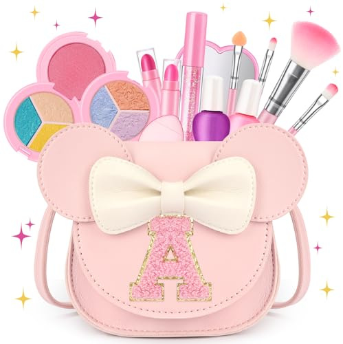 Kids Makeup Kit for Girls - 15 Pcs Real Washable Make Up Set - Non Toxic Toddlers Cosmetic with Letter Mouse Ear Purse - Dress up Birthday Gifts for 3 4 5 6 7 8 Years Old Girls - A