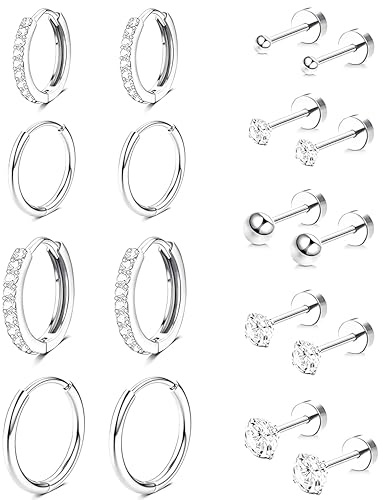 CUEMOON 9 Paia Orecchini Donna Anallergici, Acciaio Chirurgico 316L, a Cerchio Cartilagine Ipoallergenica, Multi Piercing Orecchio (Argenteo)