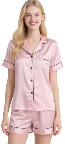 Fjquamitix Silk Pajamas for Women 2-Piece,Short Sleeve PJ Shorts Set,Satin Sleepwear,Lightweight Women's Pyjama Sets for Summer and Loungewear(UK, Alpha, M, Regular, Regular, pink)
