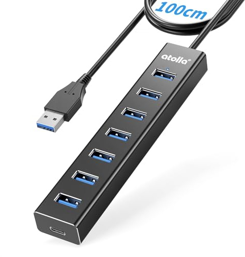 7 Port Aluminium Hub USB 3.0 avec Câble 100cm, Dissipation Thermique Rapide pour PC Bureau. Multiport USB Hub avec USB 3.0 5Gbps, 5V 3A Type-C pour Laptop, MacBook, Souris, Claviers, Disques durs etc