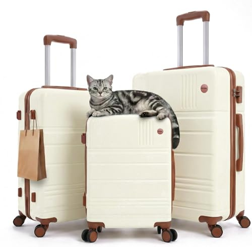 Hoteel Luggage Sets 3 Piece, 4-Year Warranty, Carry-On Luggage with Dual-Spinner Wheels, PC+ABS Hardside Suitcase Set with TSA Lock, Large Checked Travel Suitcases, Beige(20/24/28)