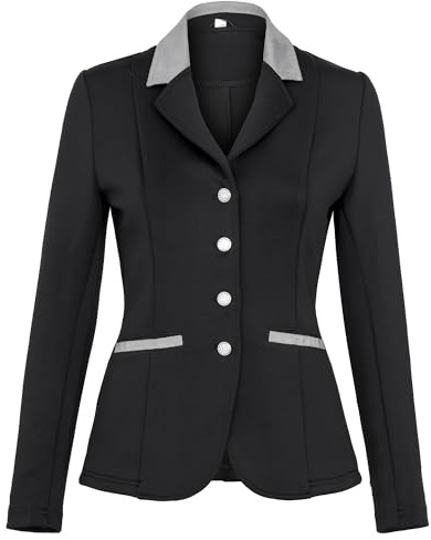 EQUESTRIAN QUEEN Veste de concours équitation femme stretch – coupe ajustée, boutons argentés, tissu respirant pour confort et élégance en CSO & dressage - Kaylee (Noir, 40)