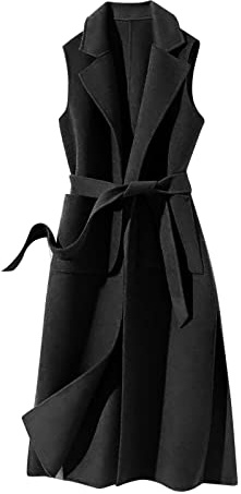 Generisch Chaleco de invierno de lana con colores sólidos correa personalidad chaleco largo chaqueta para elegante, Negro , S