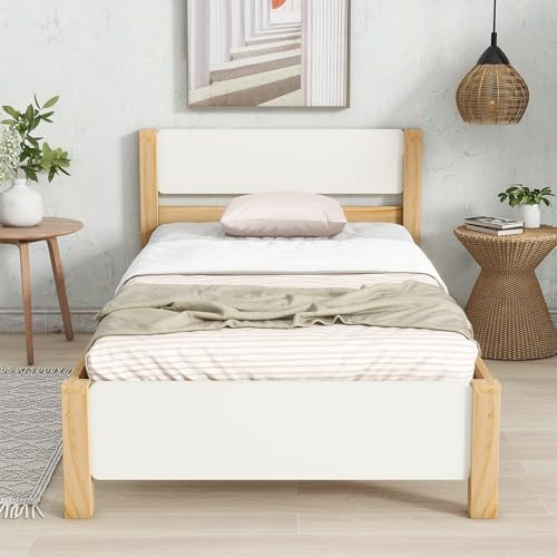 BTM Lit Simple en Bois, Cadre en pin, Pied Central, ado, Adulte, tête et Pied en MDF, Blanc+Naturel, 90x200cm