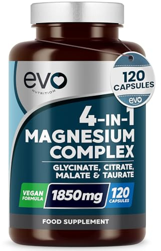 EVO Nutrition 4-in-1 Magnesium 1850mg, 389mg Elemental, 120 Capsules | High strength, chelated with glycine to support sleep, mood, energy & wellness, vegan, 2 months, UK made.