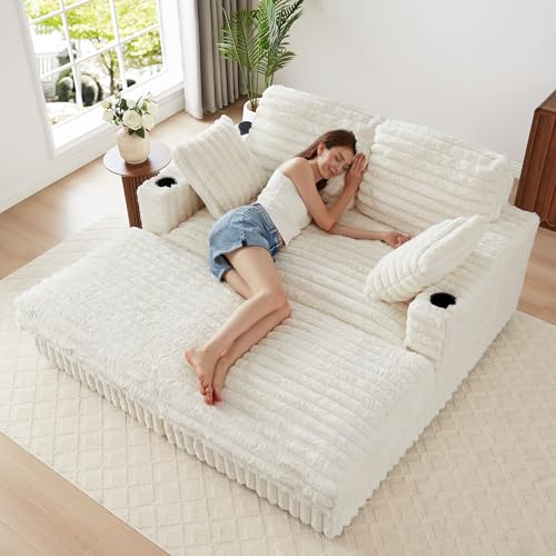 RARZOE 60.43'' Oversized Chaise Lounge Chair Indoor, Plush Faux Rabbit Fur Sleeper Sofa Bed with 4 Pillows, Charging Station & Cup Holders, Fluffy Comfy Cloud Couch Loveseat Sofa for Living Room,Beige