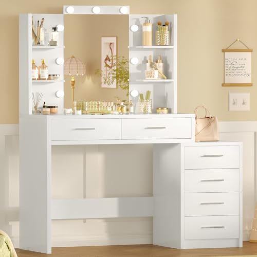 TEENFON 110cm Coiffeuse, Coiffeuse avec Grand Miroir LED, Luminosité Réglable, 3 Couleurs,Table de Maquillage avec 6 Tiroirs, 4 Étagères, Blanc