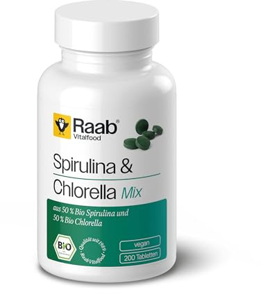 RAABVITALFOOD ALGA SPIRULINA+CHLORELLA 440mg 200 comp – comprimés faciles à intégrer à la routine quotidienne, boîte de 200 comprimés, se prend chaque jour conformément aux indications et est conçu po