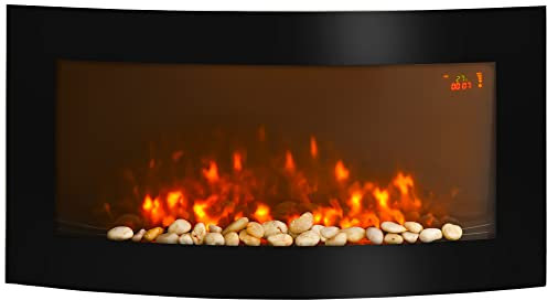 HOMCOM Chimenea Eléctrica 1000W/2000W Chimenea Decorativa de Pared con Temperatura Ajustable Efecto Llamas Atmosféricas y Mando a Distancia para Sala 25-30 m² 89,2x13,5x48 cm Negro