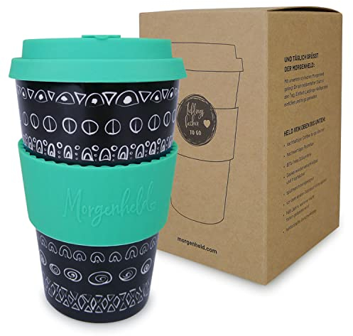 Morgenheld Coffee-to-go Becher Blacky Ocean 380ml | Porzellan Kaffeebecher mit Silikondeckel, BPA-frei, nachhaltiger Trinkbecher mit Deckel plastikfrei verpackt | Perfekt für Kaffee Tee & unterwegs