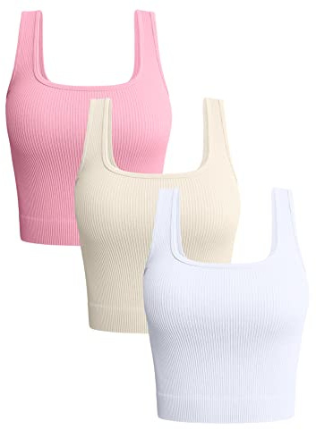 OQQ 3 Piezas Corto Top para Mujer Sin Mangas Cuello Cuadrado Básico Deportiva Ajustados Tank Tops para Mujer
