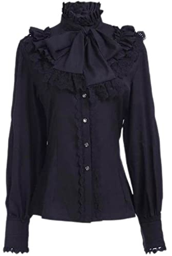 MENGQING Camicette Casual Vintage Victorian Era Gothic Slim Retro Lolita Punk Camicie a maniche lunghe Lotus pieghettato Top Donne Vestiti-Nero, M