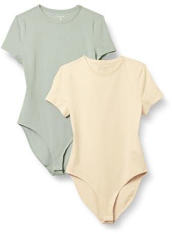 Amazon Essentials Women's Short Sleeve Stretch Cotton Jersey Slim-Fit T-Shirt Bodysuit, Pack of 2, Beige/Light Sage Green, Large