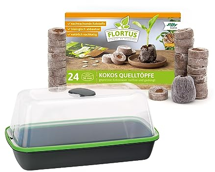 FLORTUS Set Zimmergewächshaus BoQube M Kupfer & Kokos Quelltöpfe (24 STK) | Gewächshaus & Quelltabletten aus Kokoserde Anzuchterde | Geschenkset