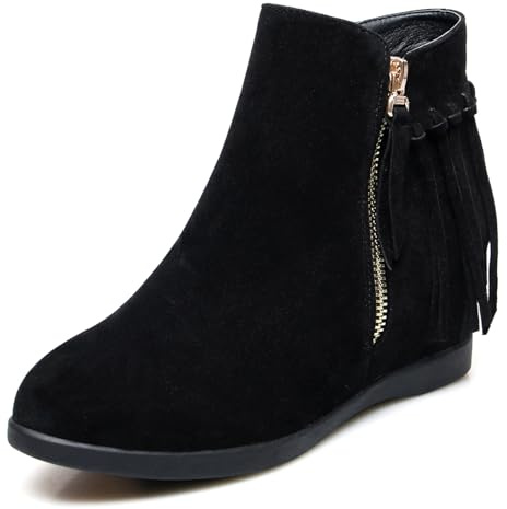 Lizoleor Botines Mujer Cuña Tacon Oculta Punta Redonda Cremallera Chelsea Invierno Comodos Outdoor Clasico Fringe Negro Talla 37 EU/38CN