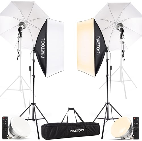 PIXETOOL Estudio Fotográfico – Softbox Bombillas - 2 Softbox 50x70 cm, 2 Paraguas Reflectante Parabólico, 2 Luces a LED 4800 Lúmenes 3000-6000K - Caja de Luz Fotografía - Fotografia Gaming Streaming