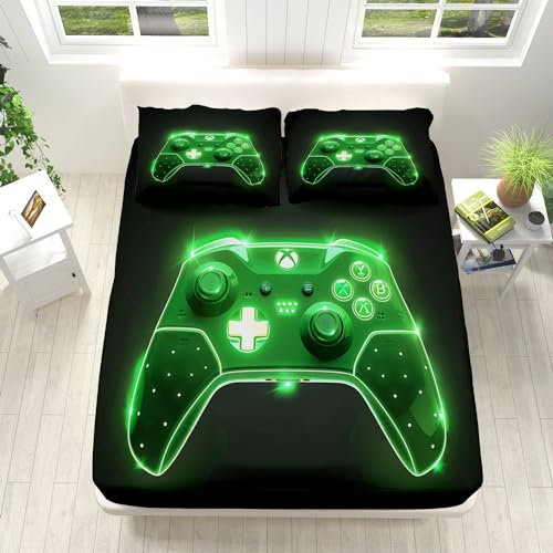 GrüNe Gamecontroller-Konsole, Schwarzer Design Spannbettlaken 140x200cm Weiche Mikrofaser Boxspringbett Bettlaken, Spannbetttuch, Rund-um Elastischem Gummizug, für Matratzen von 5-30 cm