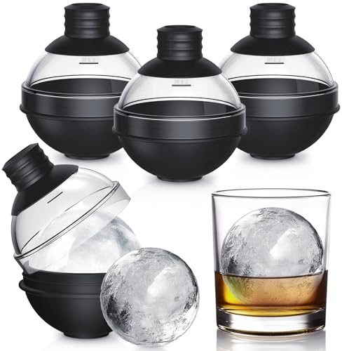 Silicone Ice Cube Moulds, 4 Pack Large Ice Ball Maker Mould with BPA Free Plastic Lid, Flexible Round Ice Cube Moulds Easy to Pop Out, Sphere Ice Trays for Freezer Whiskey, Gin, Cocktails(Black)