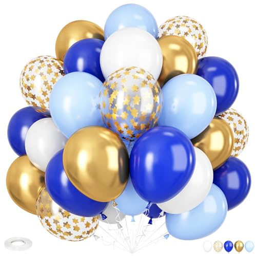 Blue Gold Balloons, 12 Inch Royal Blue and Gold Balloons, Blue and White Gold Balloon Metallic Gold Star Confetti Latex Balloon for Girls Boys Baby Shower Graduation Anniversary Engagement Decorations