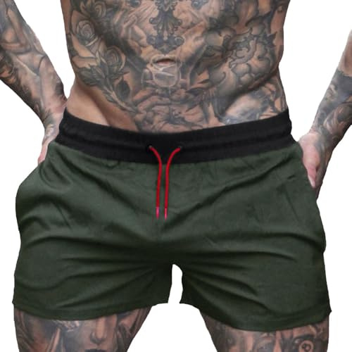 Hombre Costura Interior de 4 Pulgadas Correr Fitness Entrenamiento Pantalones Cortos Tener Bolsillo con Cremallera Sin Revestimiento Verde Militar M
