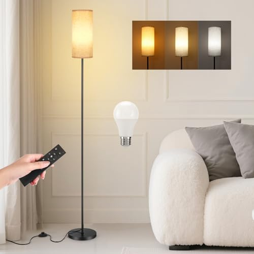 Floor Lamp for Living Room, 12W Modern Standing Lamp with Beige Linen Lampshade, Magnetic Remote Control and Foot Switch, Stepless Dimmable Colors Temperature & Brightness,171cm