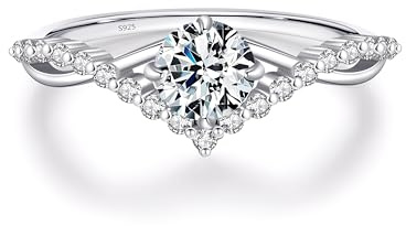 FLUIDABLE 925 Sterling Silver Engagement Ring For Women, 1/2 Carat D VVS1 Moissanite Diamonds, Rhodium Plated, Crown Round Solitaire Wedding Promise, Gift Anniversary Birthday(Melody O)